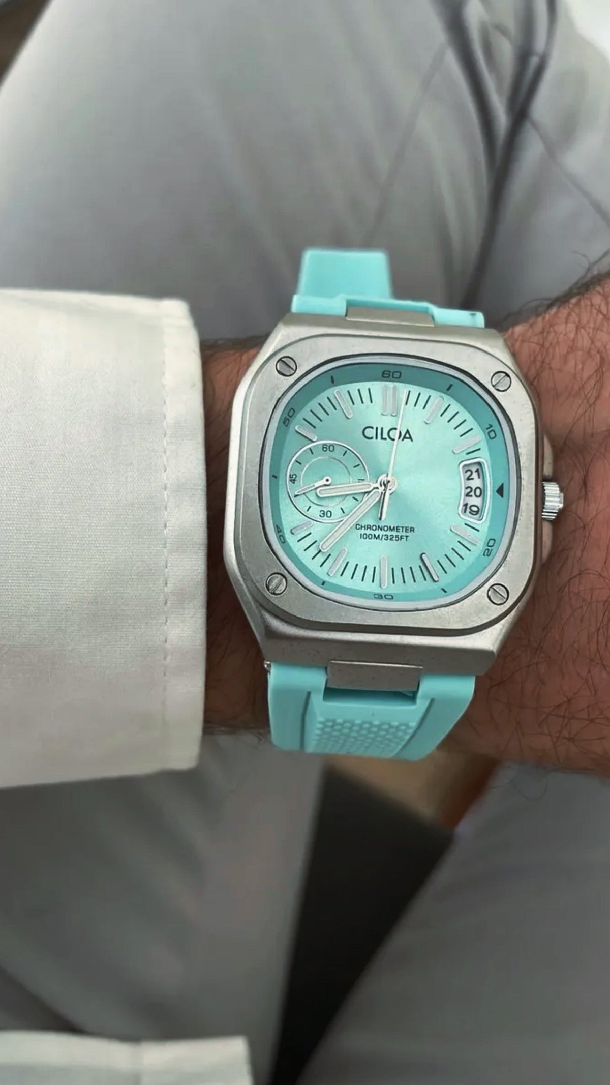 Close-up of CILOA 001 Marine Ocean Blue Silicone on wrist